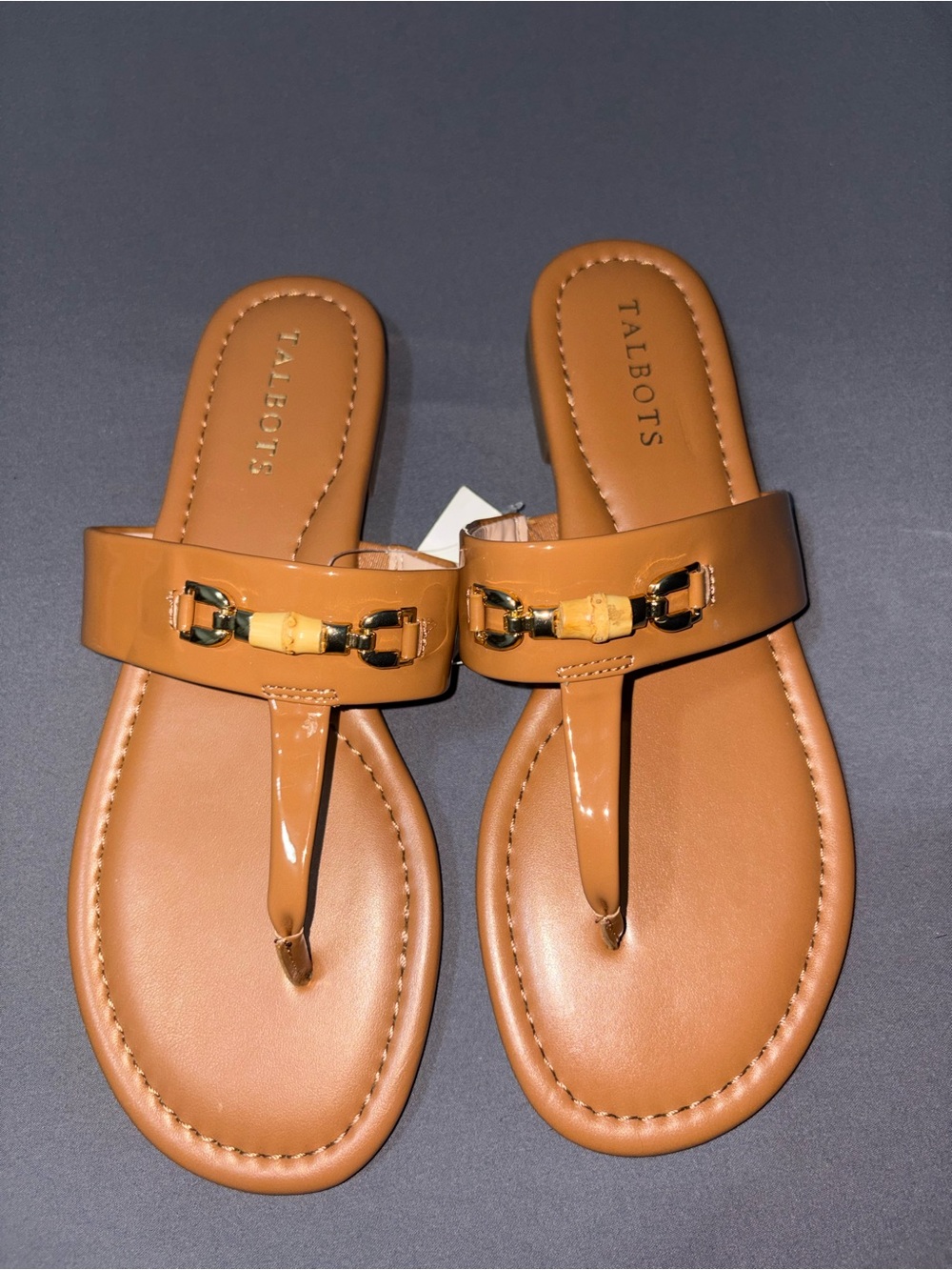 Talbots Cognac Patent Thong Sandals with Gold Accent